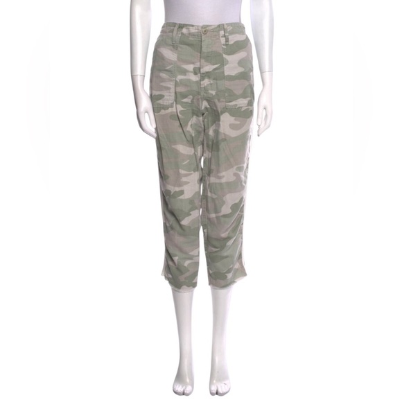 Mother The Shaker Chop Crop Fray Green Camo Stripe Linen Pants Desert - Picture 2 of 6
